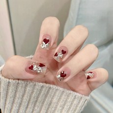 美甲貼片穿戴甲夏季甜酷風美甲片可拆卸貓咪星星蝴蝶結假指甲短款, 1個, BY1547紅心亮片:膠水款