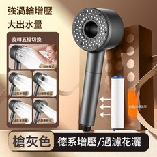 DFMEI 超強增壓淋浴頭洗澡過濾渦輪加壓大出水浴室浴霸手持增壓花灑噴頭, 格調灰【五檔渦輪增壓】內置過濾芯:如圖, 1個