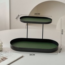 下殺價 北歐ins風鐵藝收納盤 桌面收納盒 橢圓形鑰匙托盤 玄關收納架, 1個, 橢圓形兩層（黑色）+墨綠色皮革