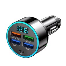 多端口USB車載充電器 帶數字顯示 支援PD/QC3.0快充 適用於多種設備, 黑色, WTB100