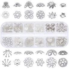 SUNNYCLUE 1박스 240피스 12가지 스타일 플라워 스페이서 비즈 캡 실버 비즈 캡 혼합 티베트 비즈 주얼리 재료 DIY 귀걸이 팔찌 목걸이 열쇠고리 제작용, 실버 240개