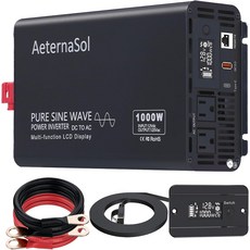 순수 사인파 인버터 1000와트 DC 12V에서 AC 110V-120V 파워 인버터로 RV 트럭 캠핑용 태양광 홈 백업 콘센트 2개 USB 고속 충전 및 타입-C 리모컨 서지, 1000W