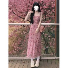 【仙女顯瘦】碎花連衣裙 吊帶連衣裙 長款連衣裙 夏季連衣裙 氣質連衣裙 修身收腰設計 粉色碎花 2024新款 度假約會穿搭, TY287