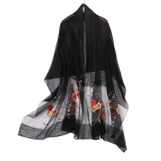 STARWHISPER 여성용 실크 & 울 롱 앤 라지 스카프 숄 랩 이브닝 드레스 나뭇잎 자수 아이보리 140636, 꽃 자수 블랙