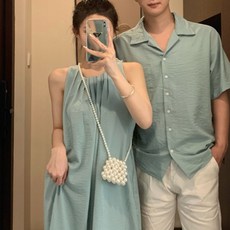 커플 시밀러룩 호캉스 신혼여행 셔츠 휴양지 웨딩촬영 패밀리룩 원피스 긴팔 반팔 드레스 하와이안