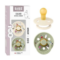 BIBS Colour Moomins 젖꼭지 2팩 BPA 프리 젖꼭지 둥근 젖꼭지 천연 고무 라텍스 덴마크산 사이즈 1 (0-6개월) 아이보리/세이지, Size 1 (2-pack), 아이보리 / 세이지, 2