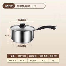 DFMEI 不鏽鋼奶鍋小湯鍋小蒸鍋迷你小鍋嬰兒輔食煮熱牛奶鍋電磁爐小奶鍋, 1個, 16cm單柄奶鍋, 如圖