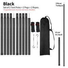 2 개의 텐트 폴 세트 조정 가능한 방수 폴란드 태양 대피소 용 강철 막대 페그 및 로프가있는 방수포 캐노, 03 Set of 5 Black