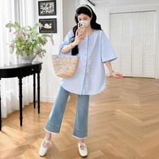 임산부 반팔 셔츠 캐주얼 루즈핏 레이스 패치 블라우스 빅사이즈 여름 임부복 반팔 상의 JS