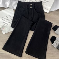 해피유통 여성용 블랙 스트 플레어 데님 팬츠 슬림핏 청바지