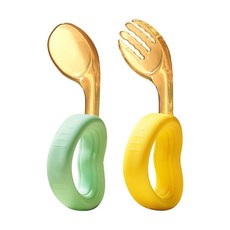 雪倫小舖 Hogo禾果 兒童矽膠湯匙叉子組 心形PPSU叉勺 寶寶輔食學習餐具, 青湖藍+淺桔黃-F, 1個