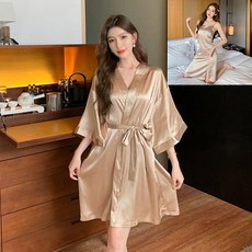 목욕 잠옷 여름 숏 로브가운 가운 실크 랩가운 여성 나이트 가운, 샴페인 2피스 세트 캐미솔 포함