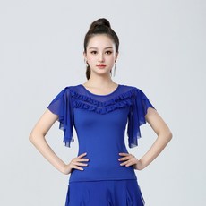 와우진플 시스루 망사 반팔 라인 댄스복 상의, 블루
