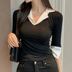 Yellwel신상 V넥 7부 소매 셔츠 여성용 배색 상의 DJP