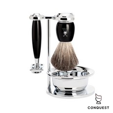 CONQUEST 德國 MUHLE VIVO S81M336SSR 穆勒刮鬍刀四件修容套組，紳士頂級修容組，德國製造，精湛工藝，送禮自用皆宜, 1個, Muhle VIVO R336SR刮鬍刀、Muhle VIVO 81M336鬍泡刷 RHM22S刮鬍碗架、Muhle替換刀片*1片