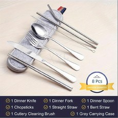 不鏽鋼刀叉勺筷子吸管套裝，便攜戶外西餐牛排刀叉組，臺灣爆款, 銀色7件套, 1個