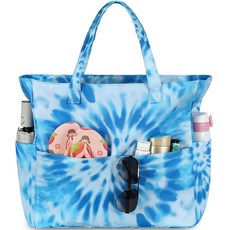 LEDAOU 대형 비치 토트백 여성용 방수 모래 방지 지퍼 수영장 체육관 식료품 여행용 습식 포켓 포함 퀼트 그린 0.5468674, 타이 다이 블루 0