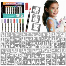 Unicorn Temporary Tattoo Markers for Kids 8 METALLIC 메탈릭 AND & 136+ Stencil DESIGNS 디자인 Christmas, 실버 유니콘