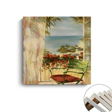 地中海風情裝飾畫，窗外風景小清新，適用於餐廳、臥室、客廳，復古油畫風格, 無框畫內框+畫布）D,30X30CM