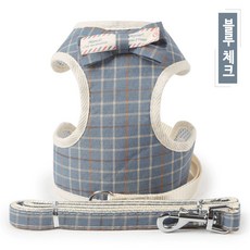 반려동물 체크 스트라이프 하네스 리드줄 세트, 1세트, 블루 체크