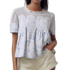 VAOYIU 여성용 레이스 디테일 플레어 블라우스 반소매 크루넥 레이스 포플린 메시 스윙 탑 우아하고 루즈한 복잡한 백 디자인 청사진 라지