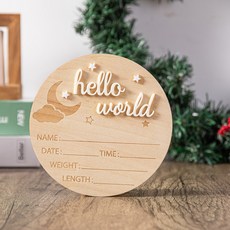 2D 우드 베이비 출생 기념 플라크 'Hello World' 문양 아기 출생 기록 원형 목걸이형 장식품, 1개, white