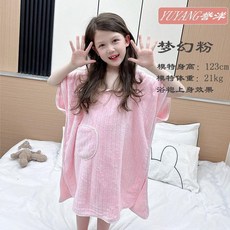 YUYANG 親子款浴袍 兒童成人加厚吸水柔軟連帽可穿浴巾, 粉,勾條 成人綁帶可穿80180斤, 粉, 勾條 成人綁帶可穿80180斤