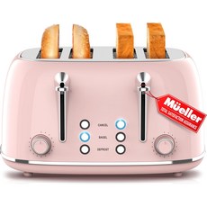 뮬러 홈 레트로 토스터 2 슬라이스 브라우닝 레벨 7개 3가지 기능재열 성에 제거 취소 스테인리스 스틸 기능 탈착식 부스러기 트레이 베이스 코드 보관 시 블랙, 4 slice, Pink