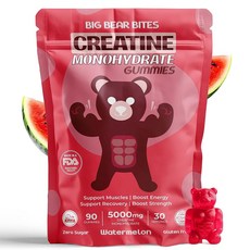 Big Bear Bites 남성 및 여성용 크레아틴 모노하이드레이트 젤리 1회 제공량당 5000mg 설탕 글루텐 프리 할랄 운동 전 근육 회복을 위한 90개 팩 수박