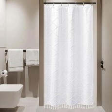 Siiluminisoy Boho 화이트 우븐 패브릭 샤워 커튼 태슬 포함 182.9 x 177.8cm(72 x 70인치) 모던 팜하우스 미니멀리스트 터프트 쉐브론 스트라이프 섀