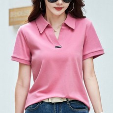 여성용 여름 골프 심플 캐주얼 카라 브이넥 반팔 티셔츠 여성 반소매 무지 반팔티 면 카라티 오버핏 티셔츠 5color