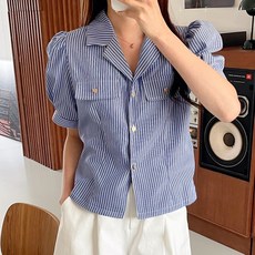 TANIZ 女款泡泡短袖條紋襯衫