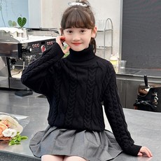 여아 하이넥 니트 가을 겨울 아동용 기모 스웨터, 블랙