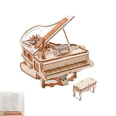 Robotime若態Rork若客 律動鋼琴音樂盒 木質拼裝DIY立體拼圖 生日禮物, 1個, 律動鋼琴+防塵罩, 木色, 200片
