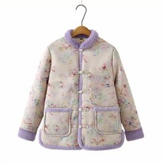 중식 스타일 겨울 엄마용 두꺼운 보온 면 재킷 레트로, 2XL 55.0-62.5kg, 퍼플
