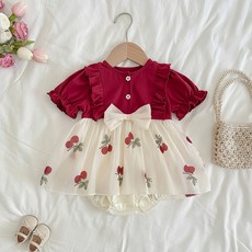 嬰兒衣服2026夏裝連體衣女寶寶滿月百天一週歲紅色禮服碎花公主裙