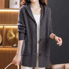 TKX 여성용 긴팔 후드 니트 가디건 따뜻한 롱코트 중년여성 우아한 출근룩