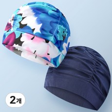 수영모모자 주름 스판 수모 아쿠아로빅수영모, 블루플라워+네이비, 2개