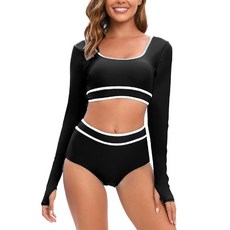 JadeRich 여성용 패션 패턴 긴소매 탱키니 세트 UPF 50+ 래쉬가드 수영복 선블록 수영복 플로럴 블루