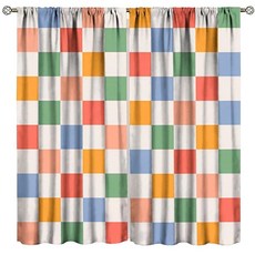 Wallira 다채로운 체크 무늬 창문 커튼 70년대 히피 추상 기하학적 모던 미적 트리트먼트 거실 침실 주방 욕실 장식 104.1x114.3cm(41x45인치) 암막 없음