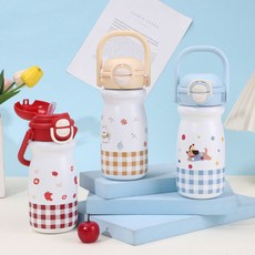 兒童提手吸管杯 316不銹鋼保溫杯壺 高顏值可愛便攜水杯 大容量保溫瓶水壺 隨行杯, 黃色，500ml×500ml×1個