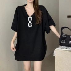 사라포유 여성 오버핏 브이넥 반팔 롱티 루즈핏 박스티