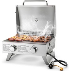 Giantex 휴대용 가스 그릴 - 2개 버너 총 20 000 BTU 내장형 온도계 접이식 다리 레귤레이터 호스 야외 캠핑 바비큐용 스테인리스 스틸 바비큐, Giantex 휴대용 가스 그릴 - 2개 버너, 총 2