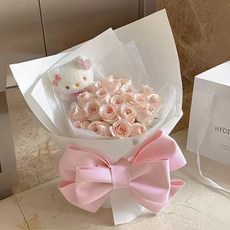 粉色玫瑰乾燥花束 Hello Kitty玩偶 浪漫禮物 生日情人節畢業花束, 白色