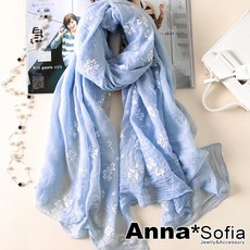 AnnaSofia 柔軟棉麻感披肩圍巾-蕾絮絨花 現貨(藍系)