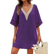 여성 브이넥 티셔츠 상 속이 빈 레이스 스플라이싱 긴 소매 루즈 레이어링 작업 셔츠, Purple_XX-Large, 1개