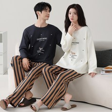 ZAJA 커플 긴팔 라운드넥 잠옷 세트 루즈핏 순면 실내복