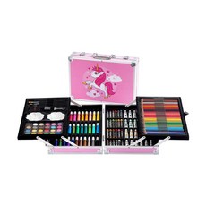 雪倫小舖 夢幻鋁盒繪畫組 兒童彩色筆 蠟筆 水彩 顏料 手提彩繪工具組, 粉色小馬-144件組, 1個