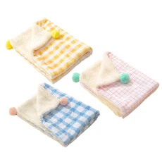 法蘭絨寵物毯 - 柔軟舒適、格紋毛絨球裝飾、寵物睡墊/保暖毯, 黃色, 1個