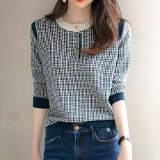 PAPERMENTS 女款圓領格紋拼色長袖針織T恤